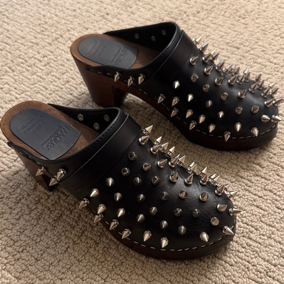 Edgy Black Leather Studded Clogs - Picture 1 of 3